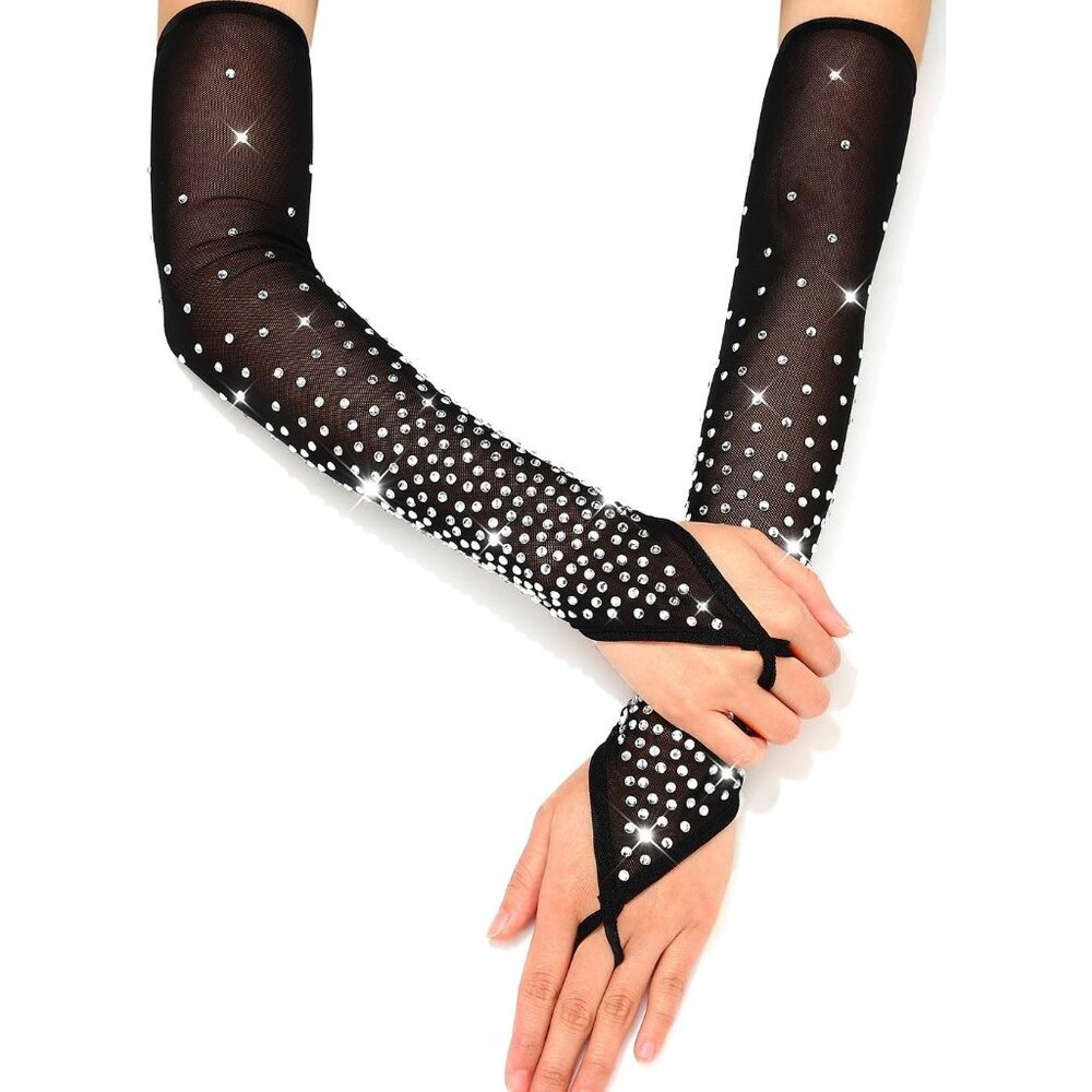 Women's Rhinestone Black Fingerless Fishing Sparkly Sheer Long Gloves Style